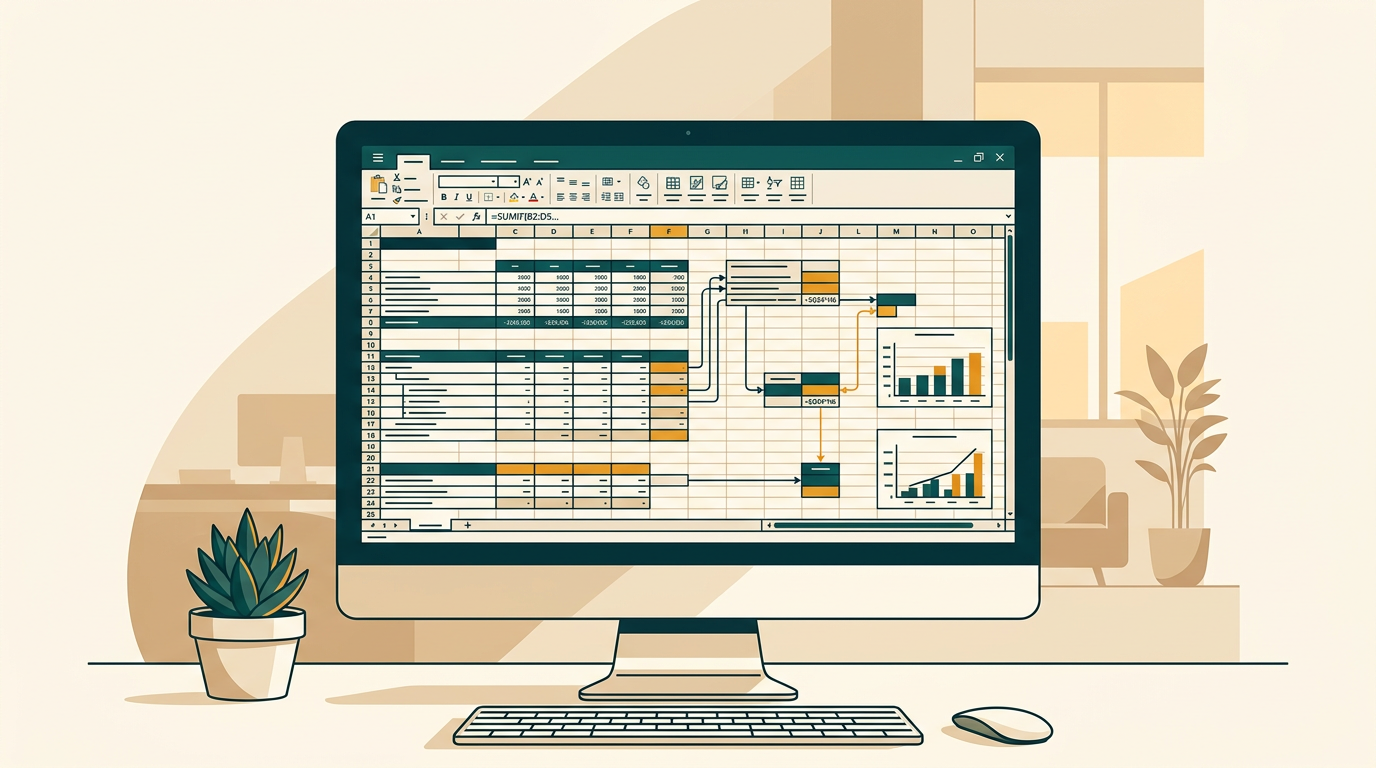 a close-up of a complex financial model on a monitor, with formulas and linked cells visible, suggesting professional use in a corporate environment