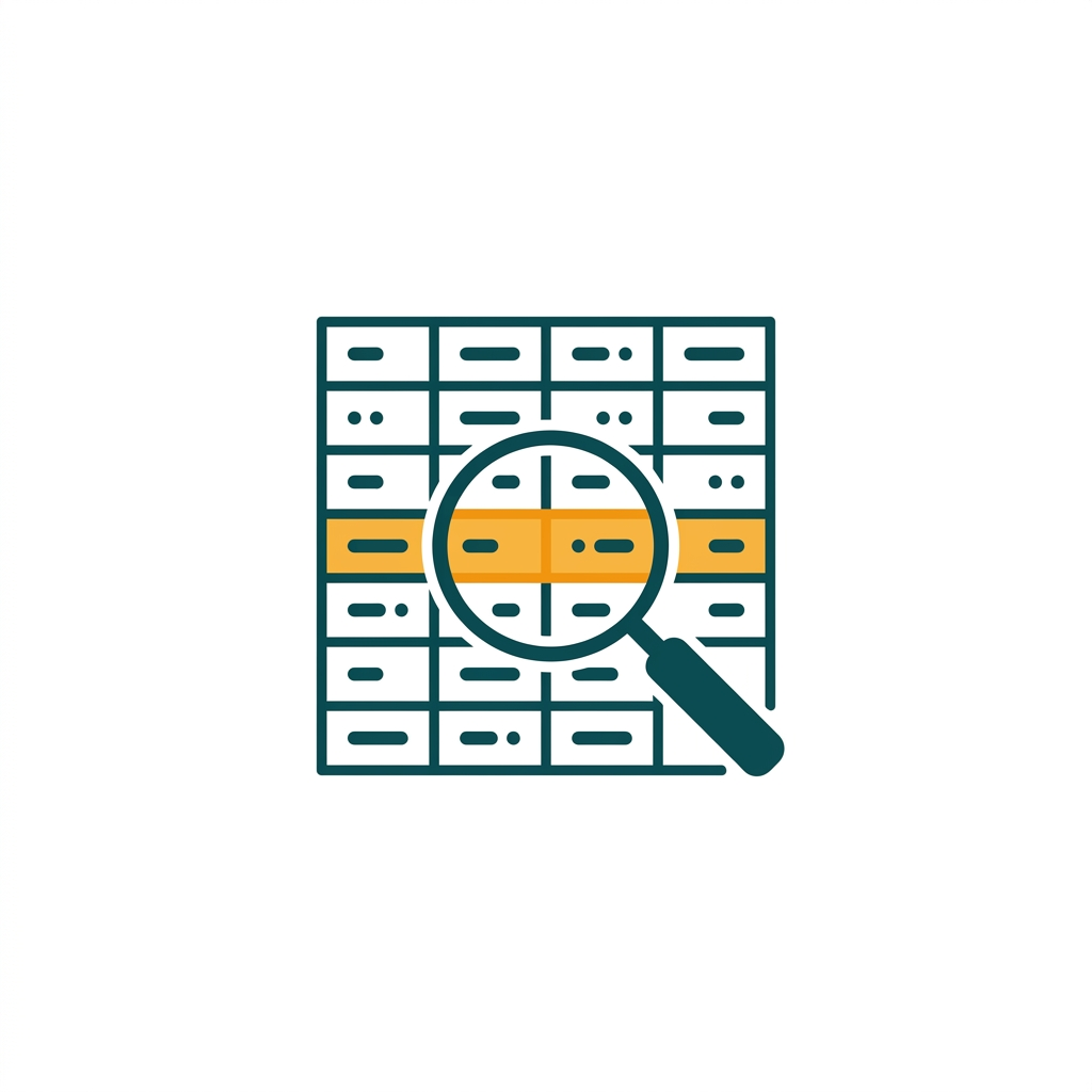 a magnifying glass icon over a data table, highlighting a specific row from left to right