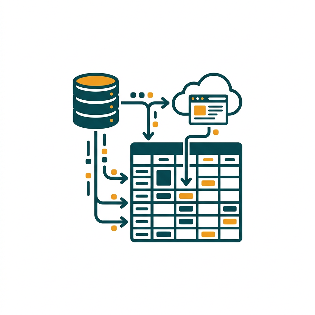 an icon showing data flowing from multiple sources like database or web into a spreadsheet