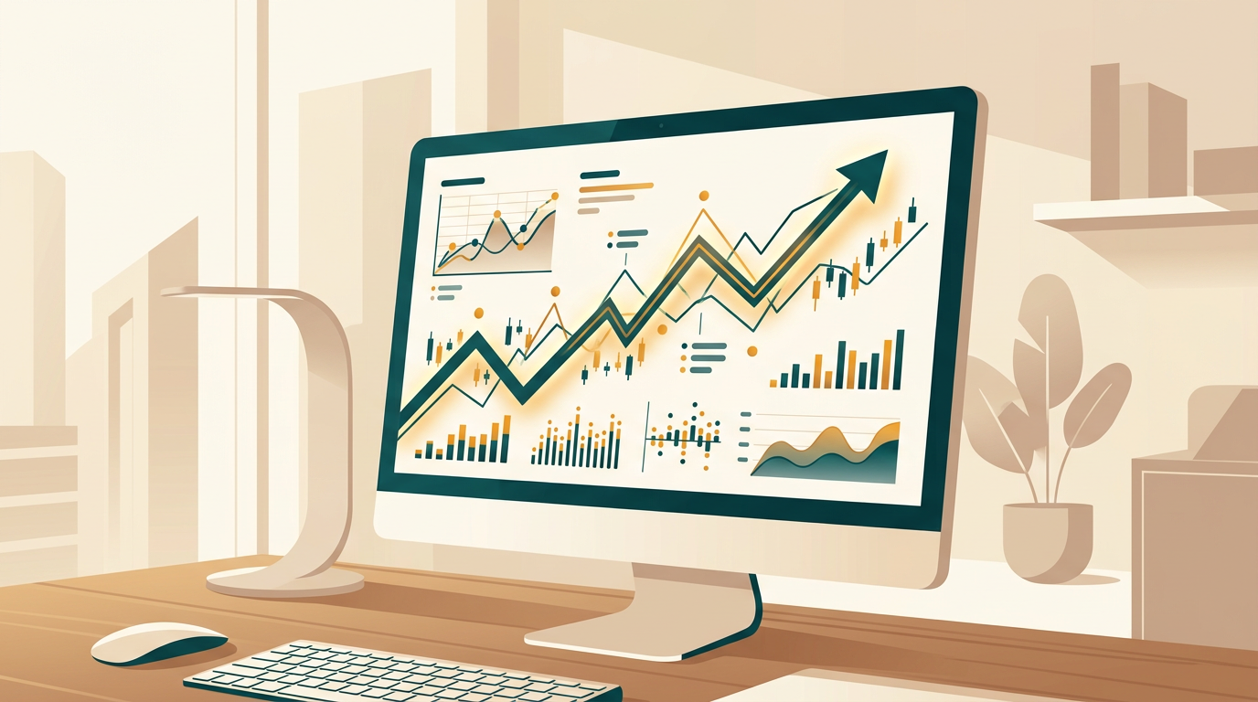 a close-up of a vibrant, complex financial chart on a computer screen, with dynamic data points and trend lines, clean office background