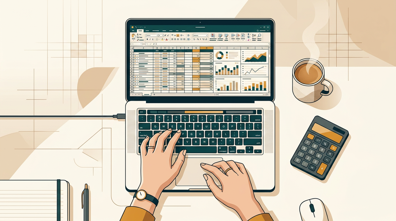 an overhead shot of a person's hands working on a laptop with a complex spreadsheet, a calculator and coffee cup are on the desk