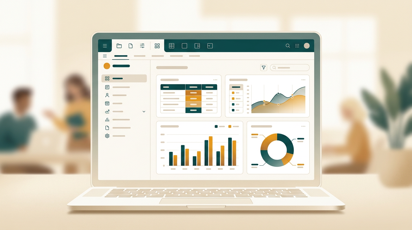 a clean and modern user interface of a spreadsheet application showing colorful charts and data tables, with a soft, blurred background and a minimalistic aesthetic