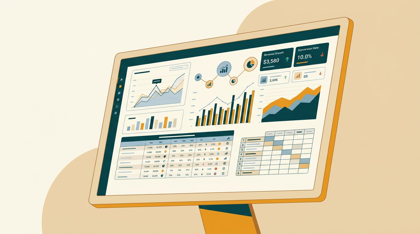 a close-up of a complex financial dashboard on a computer screen, with intricate graphs, pivot tables, and key performance indicators, suggesting deep data analysis