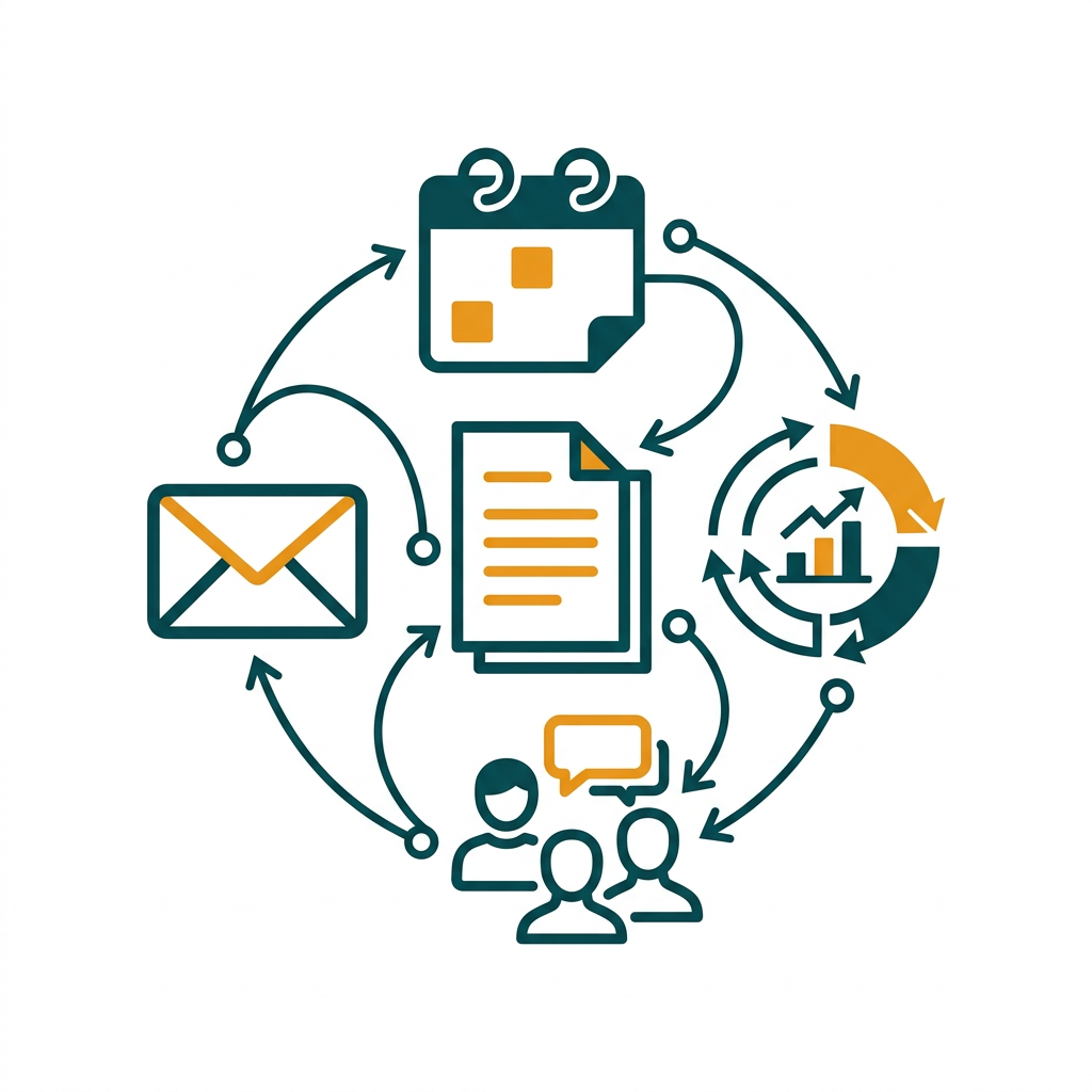 a collection of interconnected office application icons, showing synergy