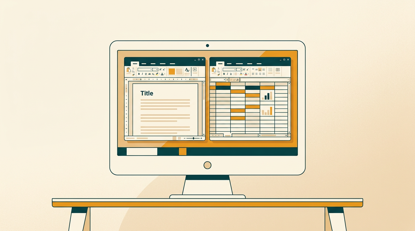 a classic desktop computer screen from the 2010s showing a word processor and spreadsheet application side-by-side, clean and nostalgic feel