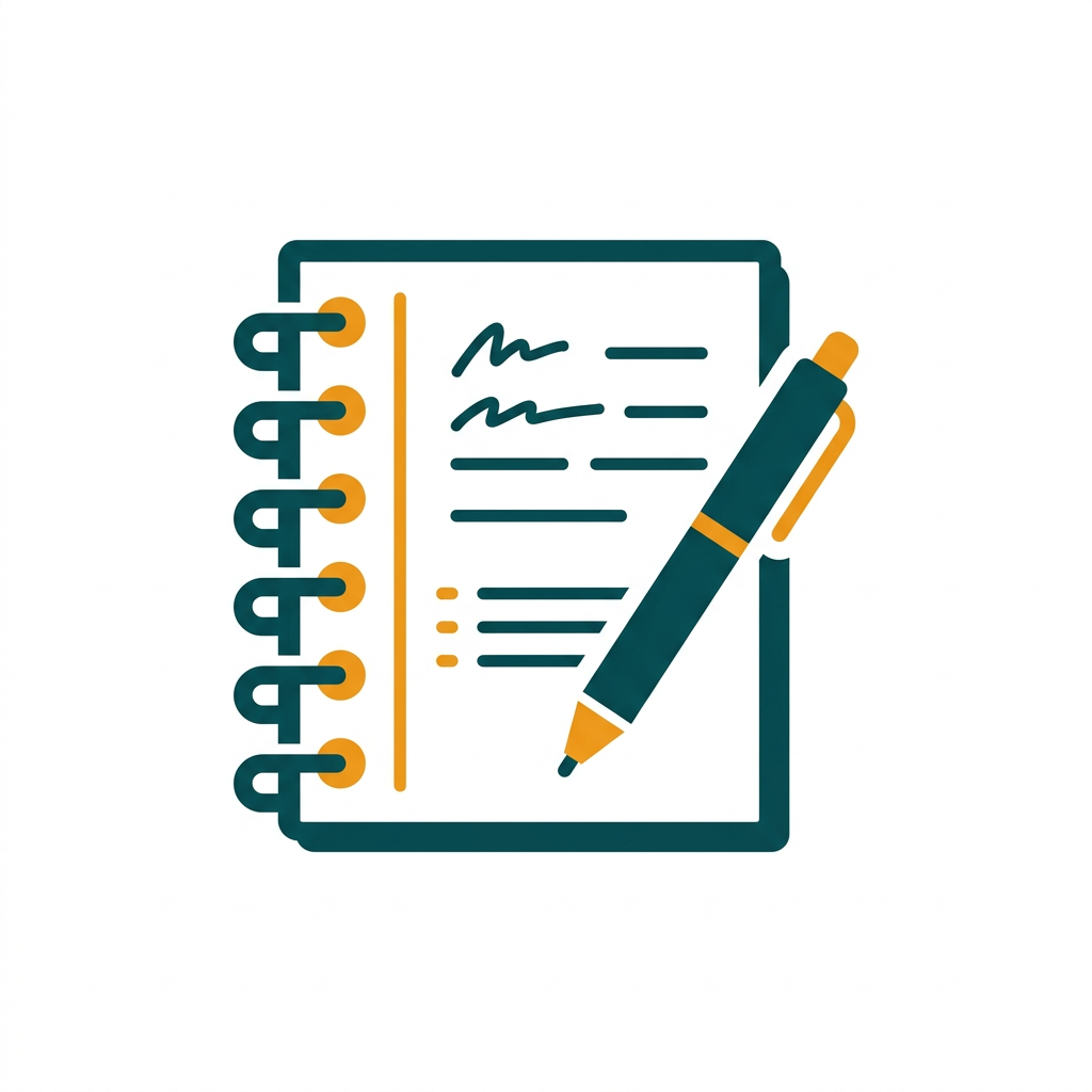 an open spiral notebook with handwritten notes and a pen resting on it