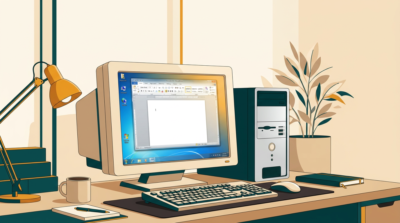 a clean, well-lit home office desk with a classic desktop PC running Windows 7, showing the Microsoft Word 2010 interface with the ribbon menu prominently displayed
