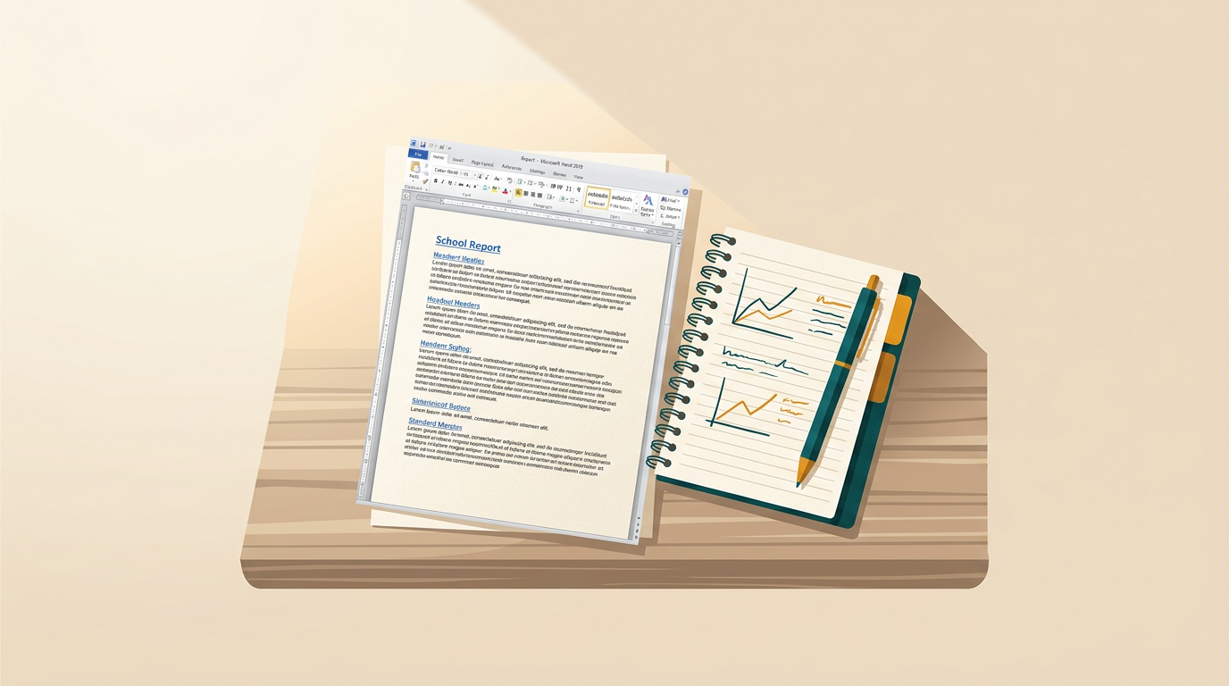 a close-up shot of a printed school report created in Word 2010, lying next to a spiral notebook and a pen, on a wooden desk with a soft, warm light