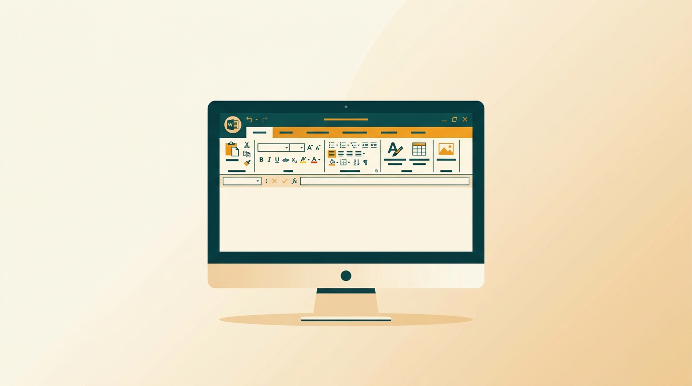 a classic desktop computer screen from the early 2010s showing the ribbon interface of an office suite with word processing and spreadsheet icons, clean and focused composition