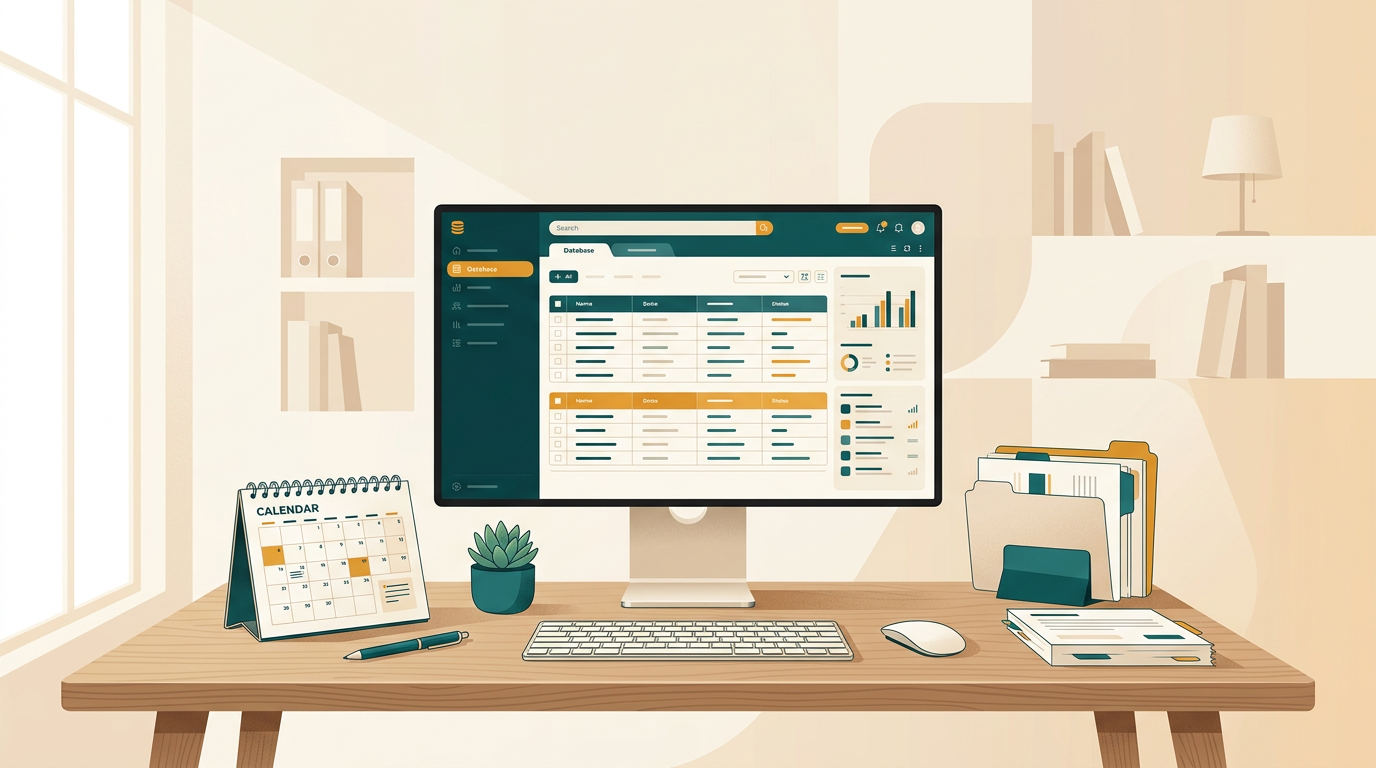a professional office desk with organized documents, a calendar, and a computer running a database application, symbolizing structure and data management