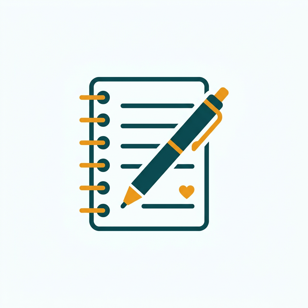 a spiral notebook icon with a pen resting on it