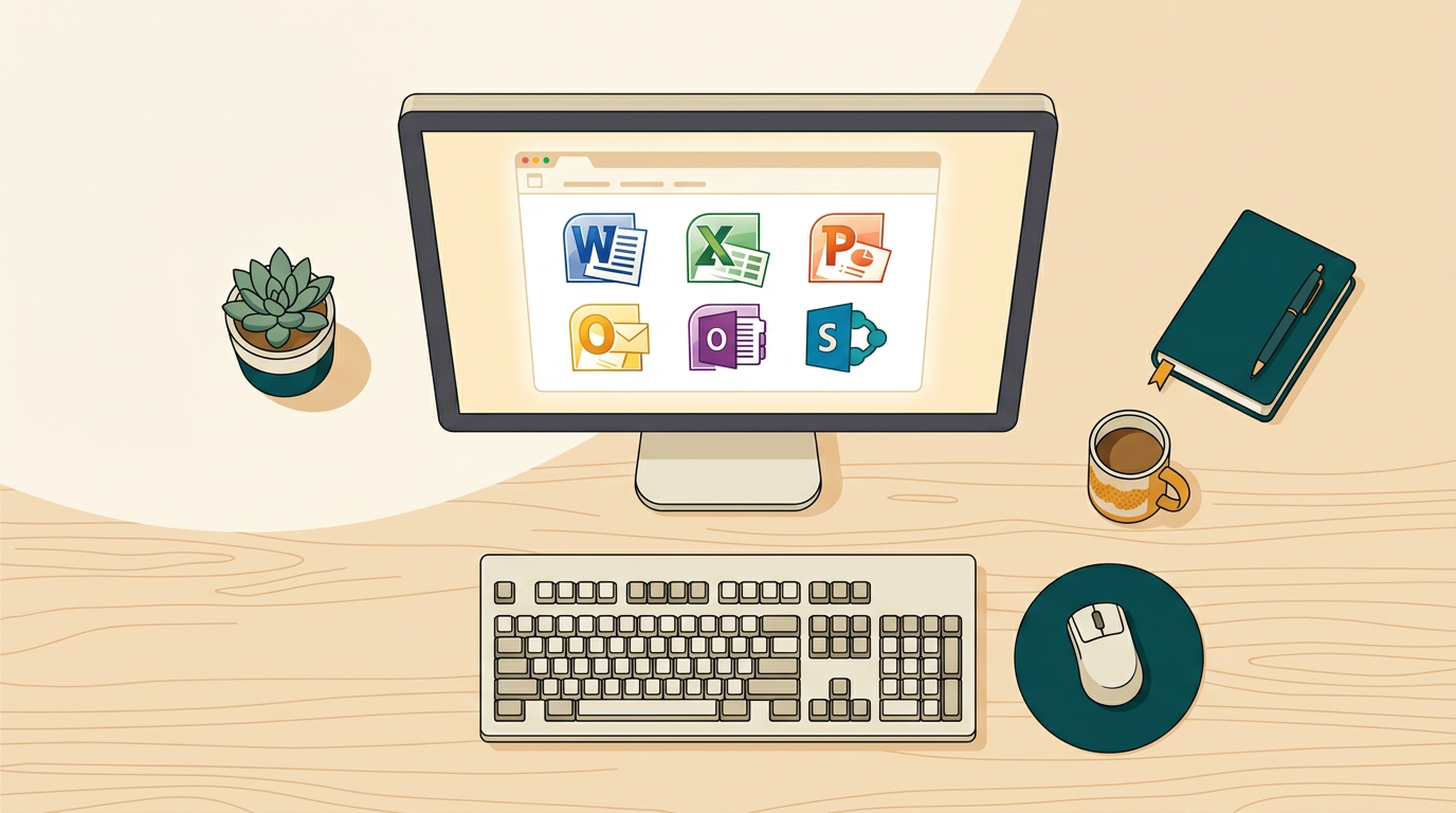 a clean, organized desk from a top-down perspective, featuring a classic keyboard, a mouse, and a monitor displaying the main application icons of an office suite from 2010