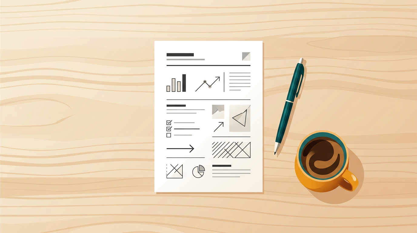 an overhead shot of a business document, a pen, and a coffee mug on a wooden desk, symbolizing professional work and planning
