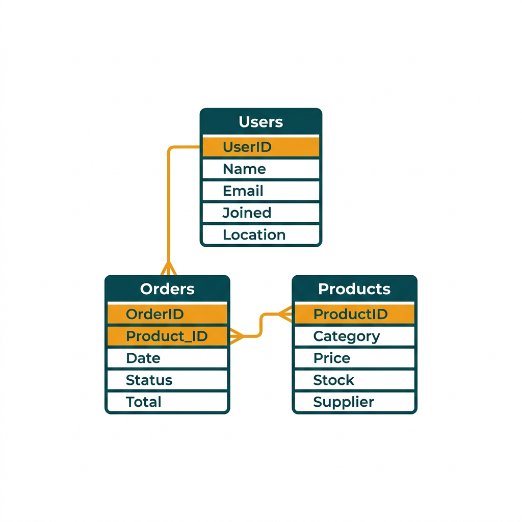a relational database schema with interconnected tables and fields