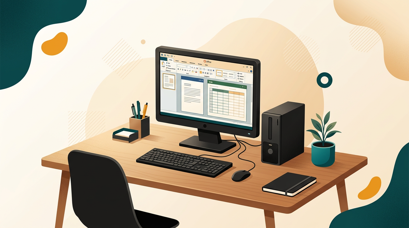a classic office desk from 2010 with a desktop computer showing the Microsoft Office 2010 interface, warm and professional lighting, minimal setup