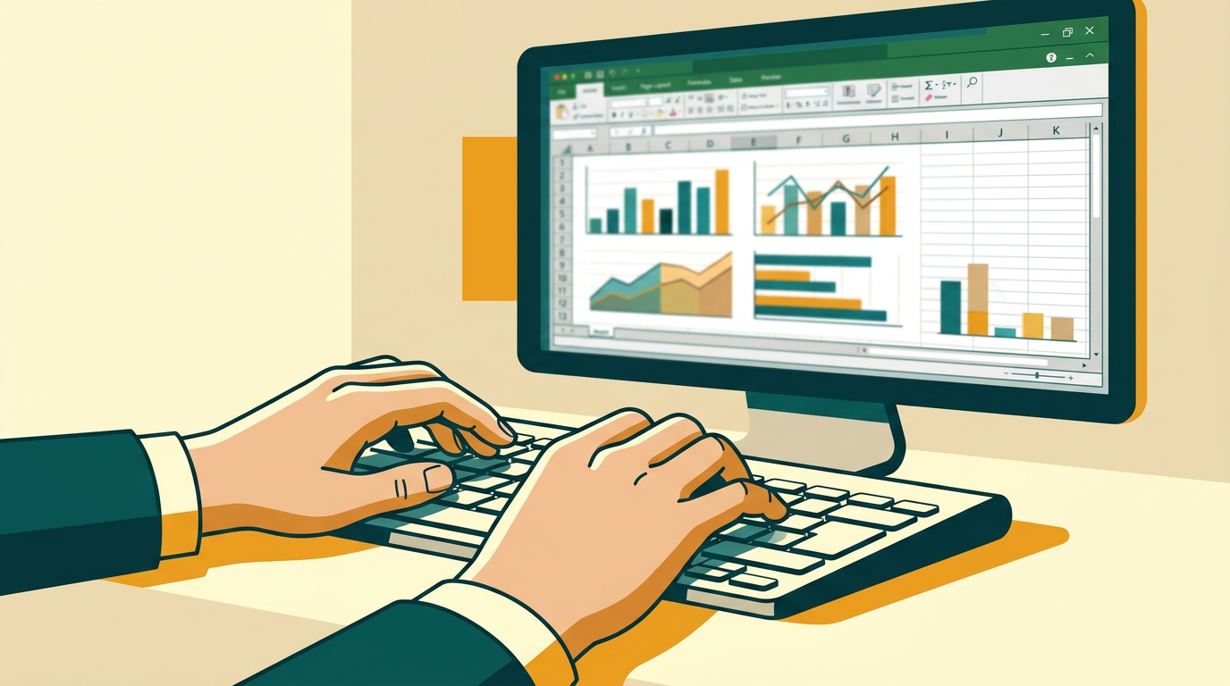 a close-up shot of a person's hands typing on a keyboard, with a computer screen in the background displaying an Excel 2010 spreadsheet with colorful charts