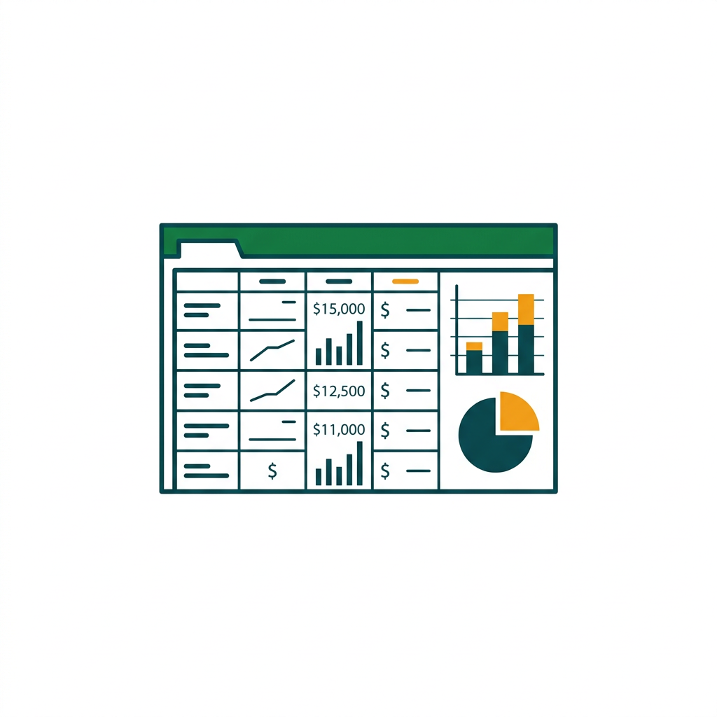 a spreadsheet with cells, charts, and a green header ribbon interface, showing financial data