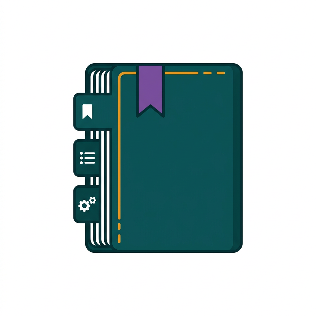 a digital notebook with sections and pages, purple header ribbon interface elements