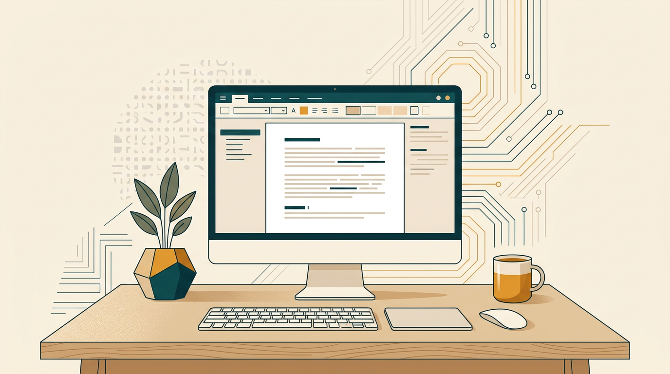 a clean, classic desktop workspace with a monitor showing a word processor interface, a physical keyboard and mouse in front, with a soft, neutral-toned background
