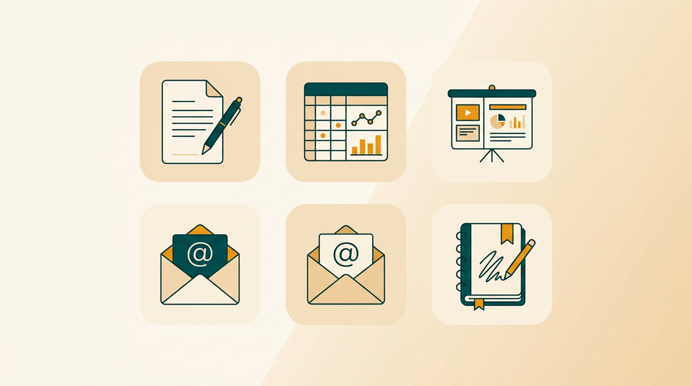 a minimalist collage of five application icons representing a word processor, spreadsheet, presentation software, email client, and a notebook, arranged in a clean grid layout