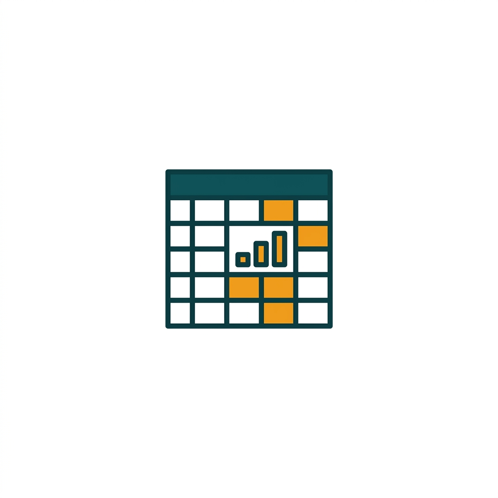 a spreadsheet grid icon with cells, columns, and a small bar chart symbol