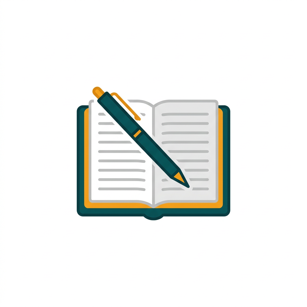 an open notebook icon with a purple cover and a pen resting on it