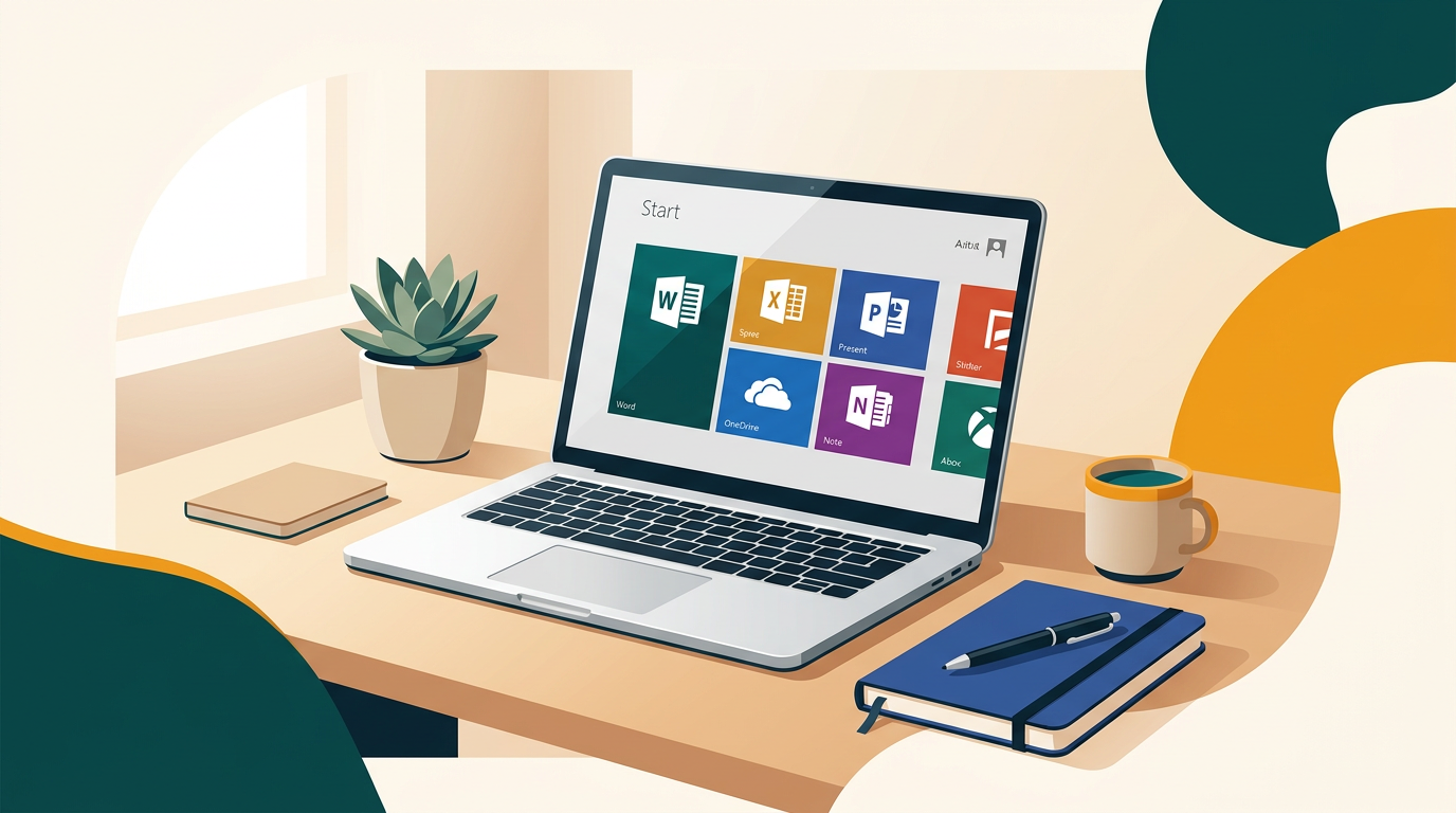 a clean, well-lit desk with a classic laptop showing the colorful tiled start screen of an office 2013 application suite, a notebook and a pen are placed next to it
