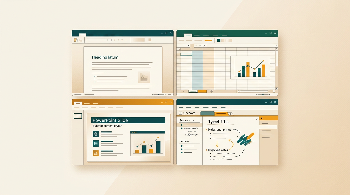 a collage of four classic application windows: a word document with text, an excel spreadsheet with a chart, a powerpoint slide, and a onenote page with notes