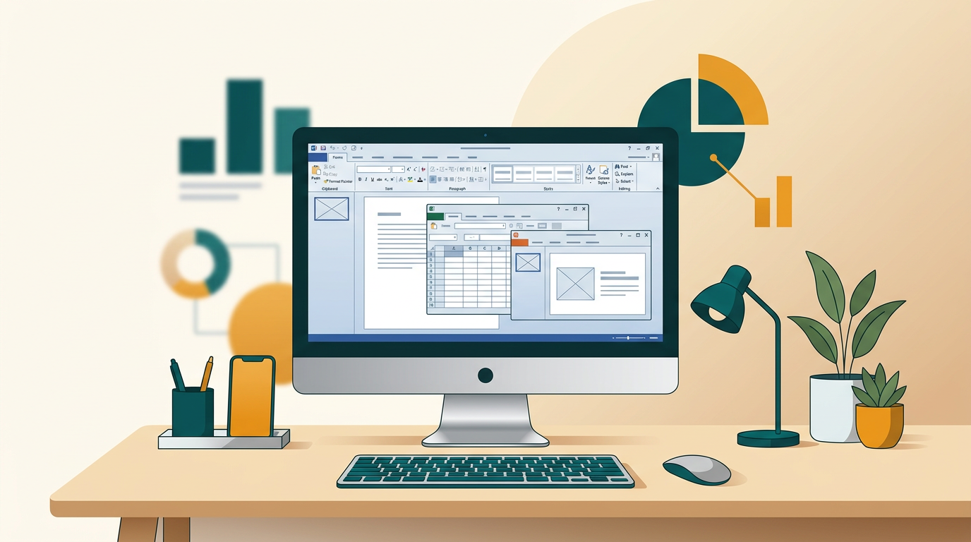 a clean, professional desk setup with a desktop computer displaying the classic interface of an office software suite from 2013, with subtle blue and grey tones