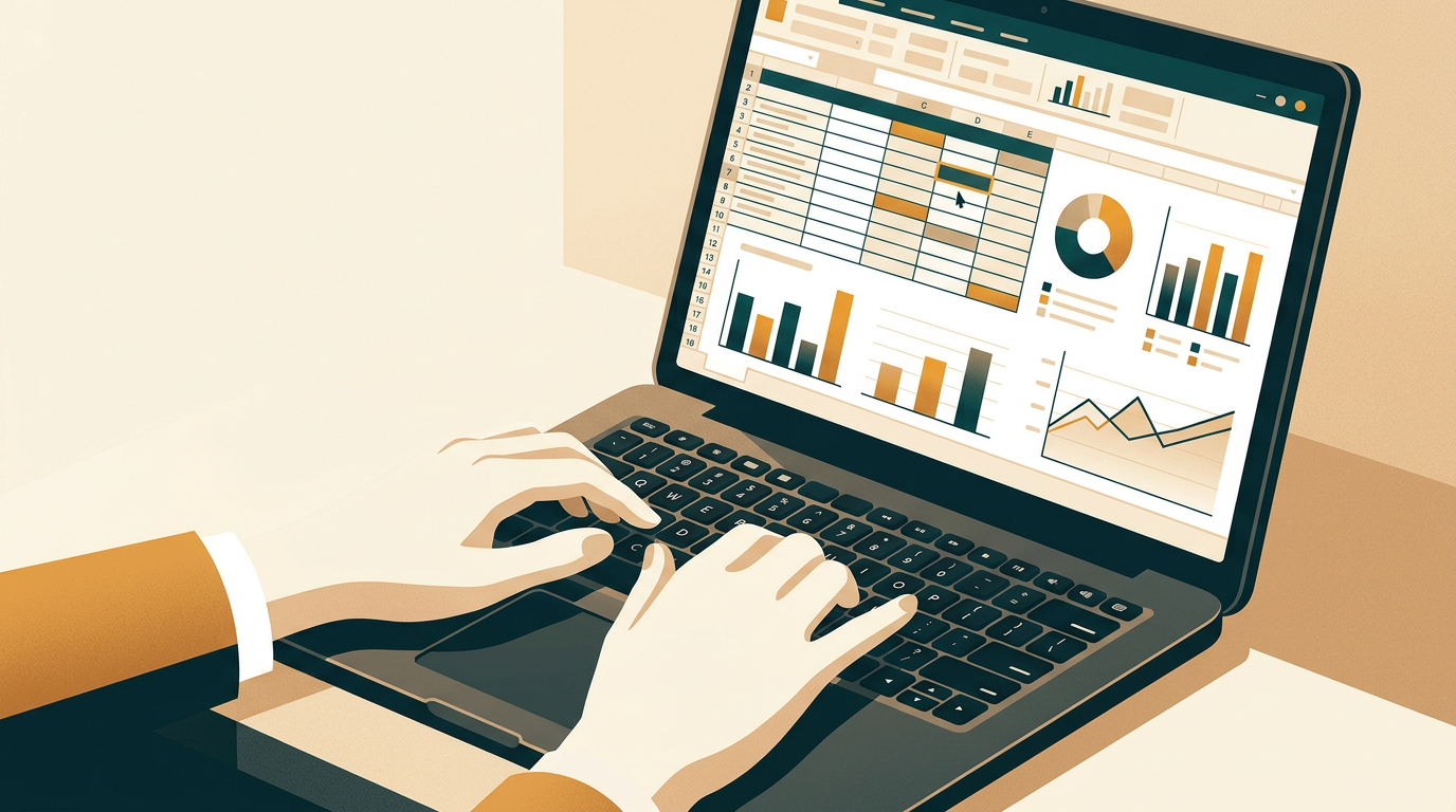 a close-up shot of a person's hands typing on a keyboard, with a computer screen in the background showing a complex spreadsheet with charts and graphs, warm office lighting