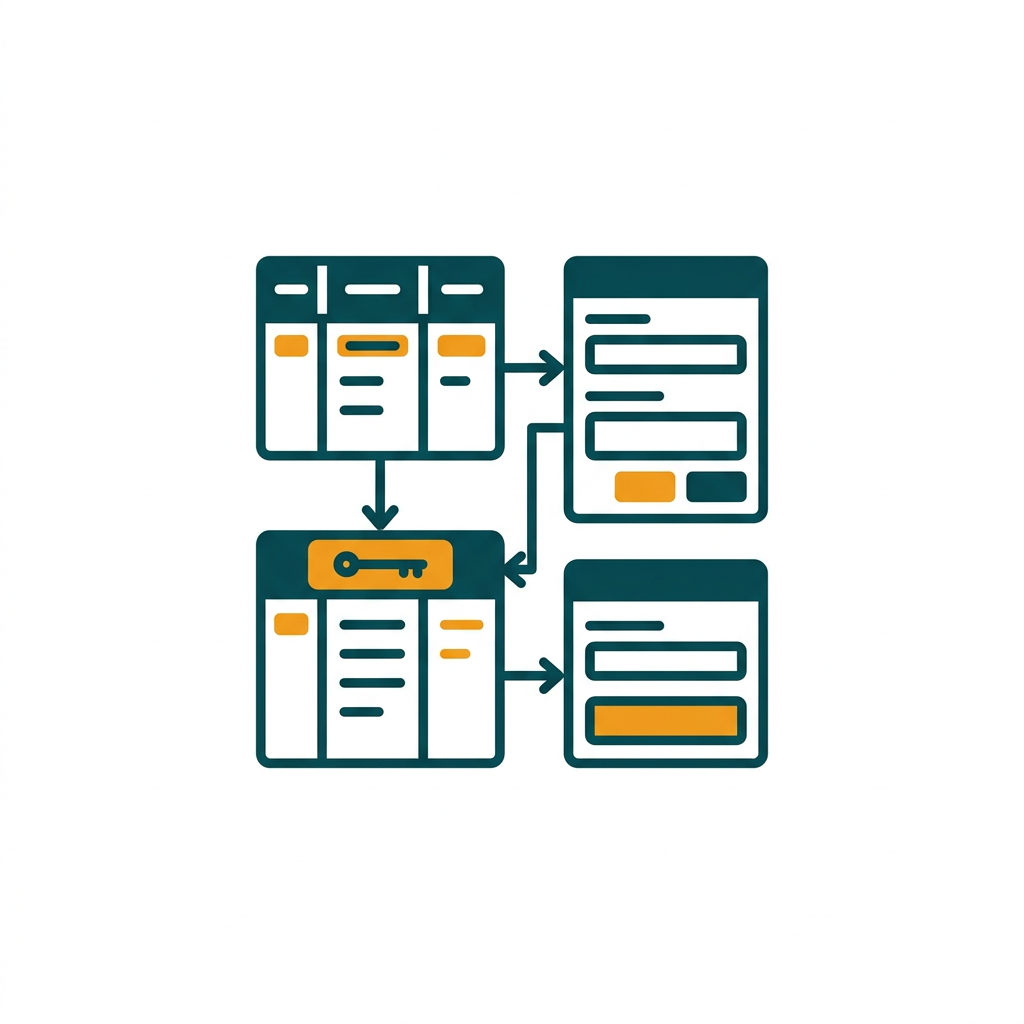 a database interface with tables and forms, relational lines connecting elements