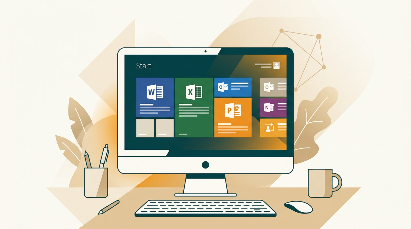 a classic desktop computer screen showing the Microsoft Office 2013 Professional start screen with tiles for Word, Excel, and PowerPoint, clean and professional look