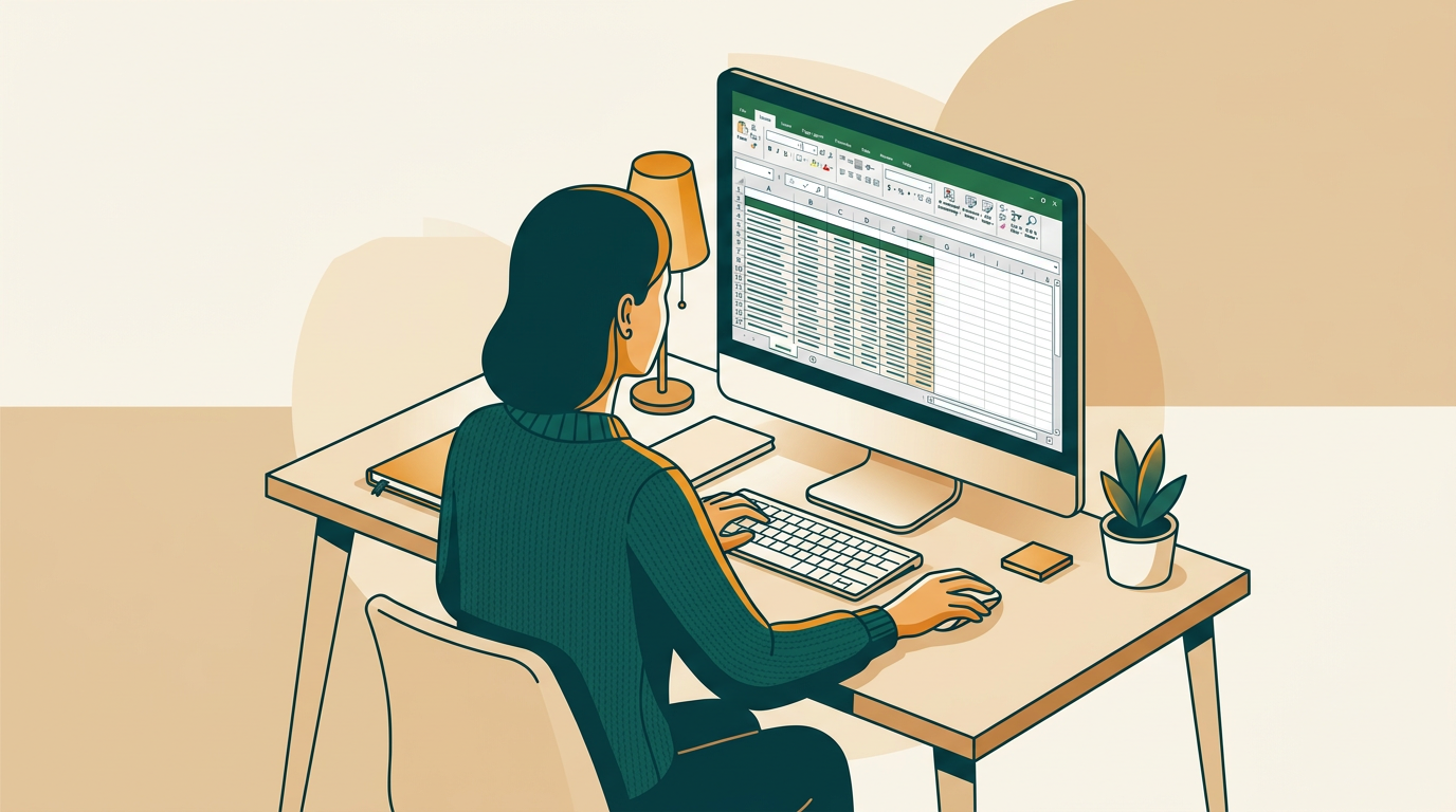 a person working at a desk with a monitor displaying a complex Excel spreadsheet from Office 2013, focused and productive atmosphere
