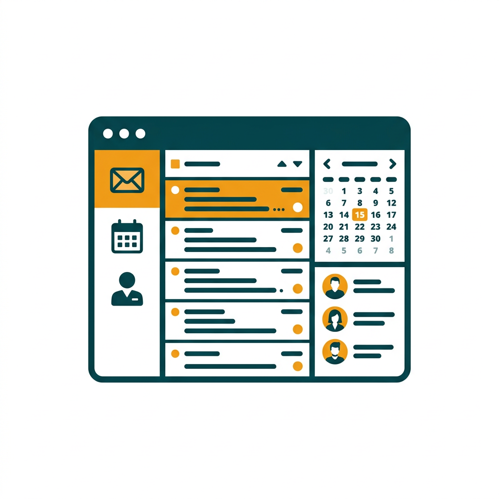 an email client interface showing an inbox, calendar, and contacts panel