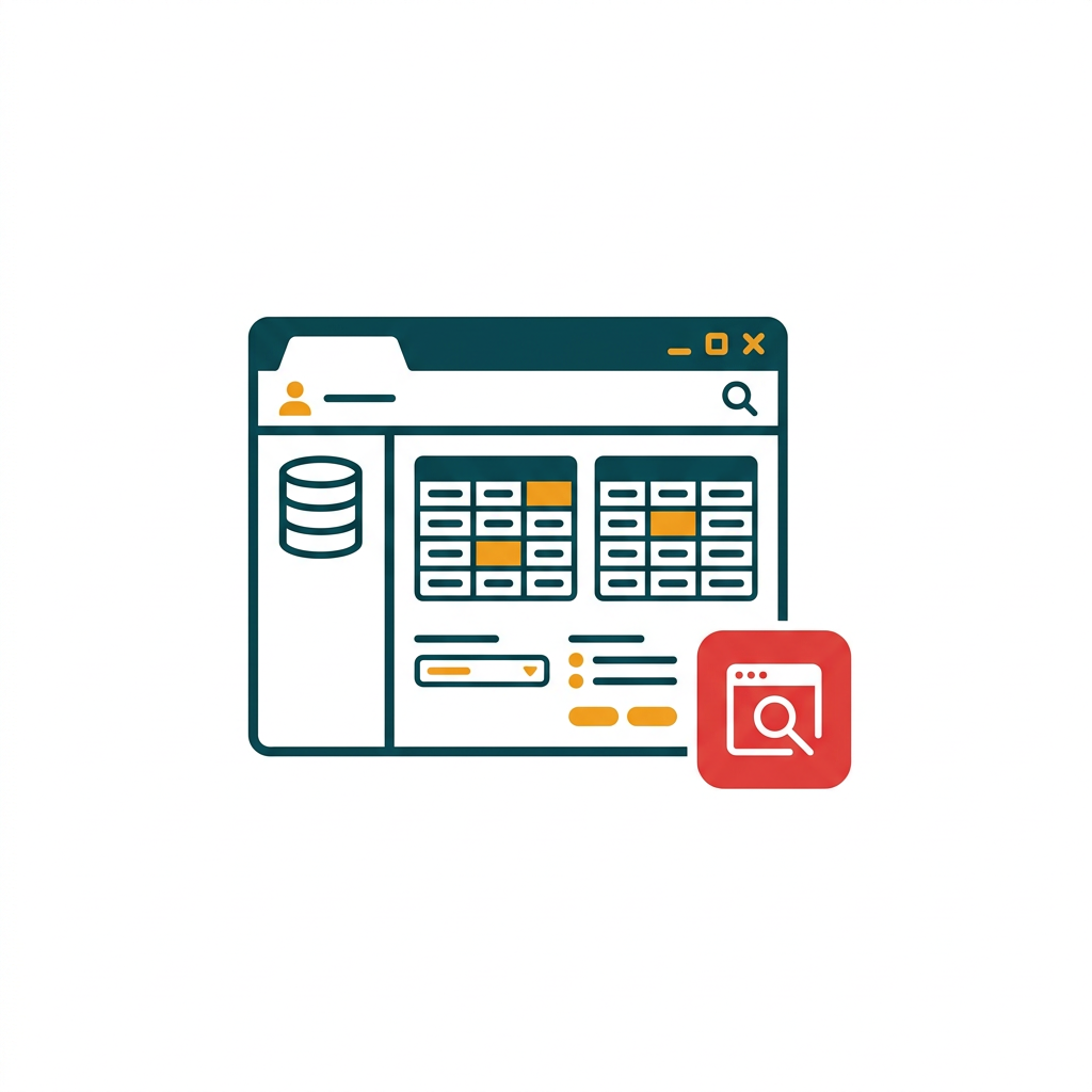 a database interface showing tables and forms, red application icon
