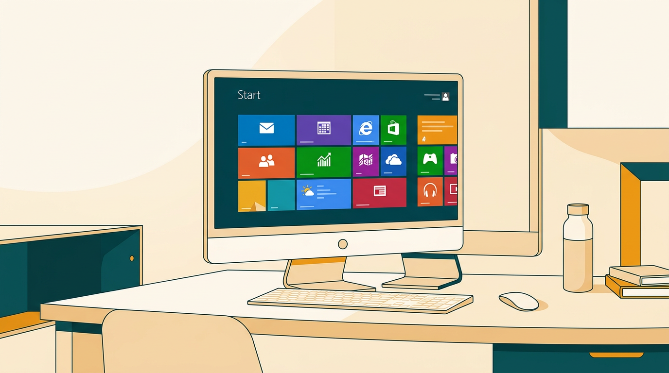 a clean, slightly dated desktop computer screen showing the Microsoft Office 2013 start screen with its characteristic colorful tiles, professional office setting