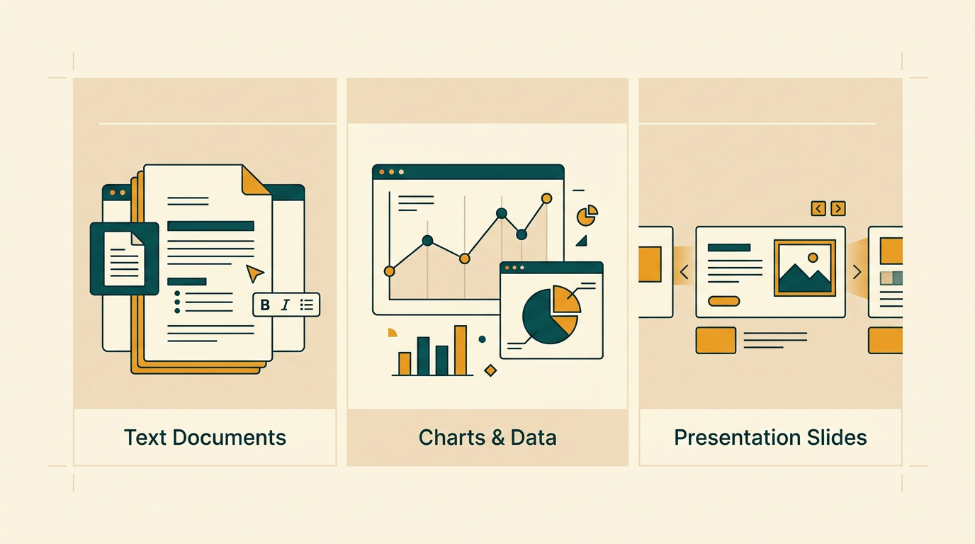 a detailed infographic-style breakdown of office software features like charts, text documents, and presentation slides, arranged in a clean grid, flat design