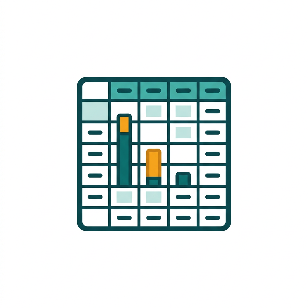 a spreadsheet grid with colorful bar charts and data cells, minimal style