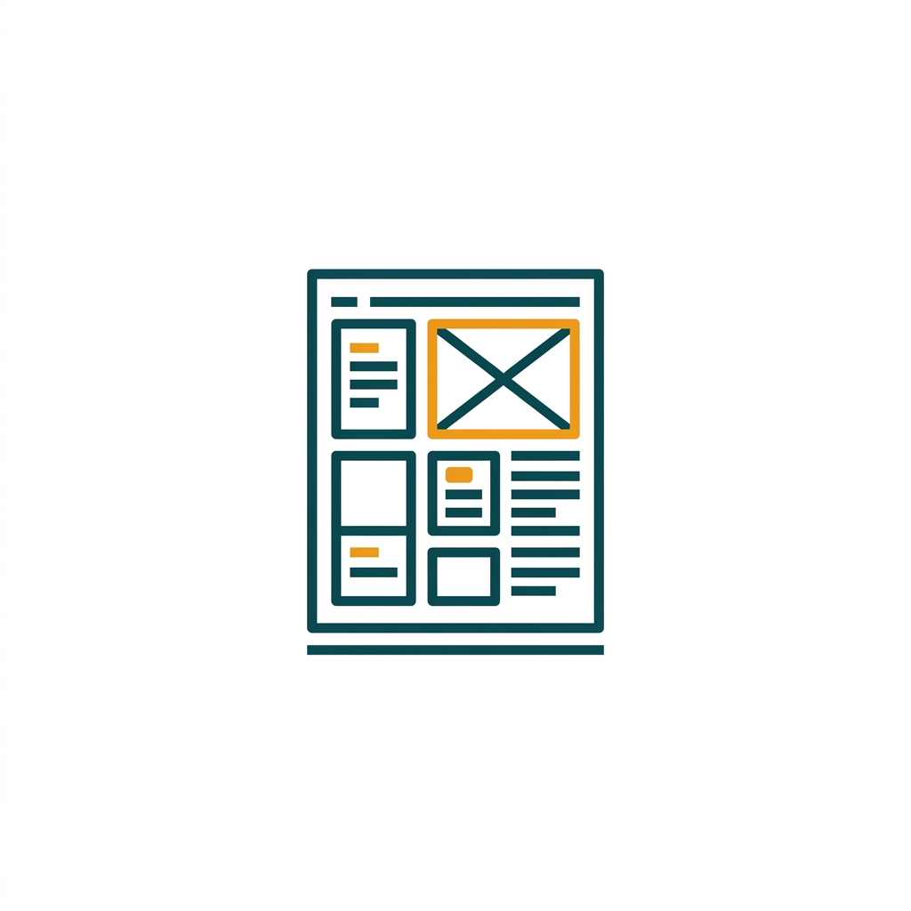 a desktop publishing layout with image placeholders and text boxes, minimal vector