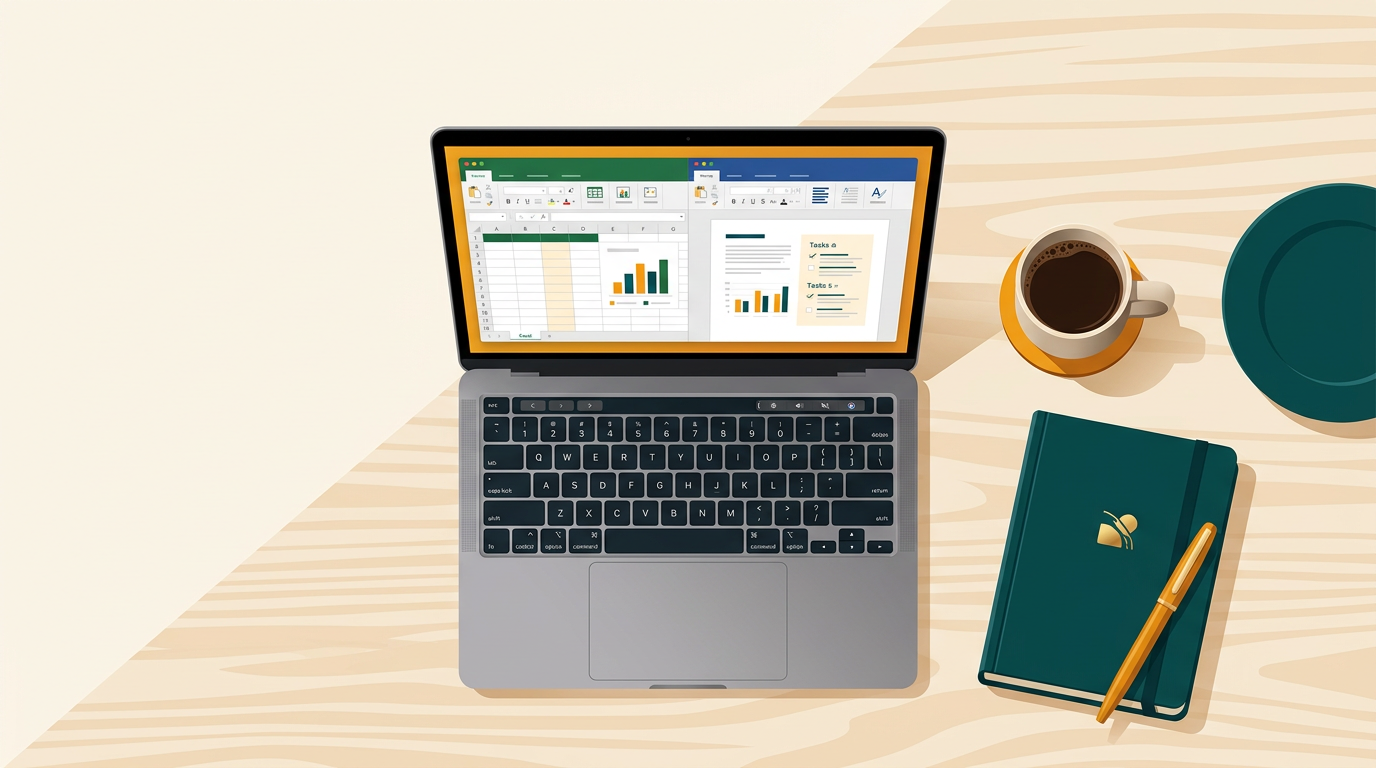 an overhead view of a clean, modern desk with a macbook showing the office for mac suite interface, a coffee cup and notebook nearby