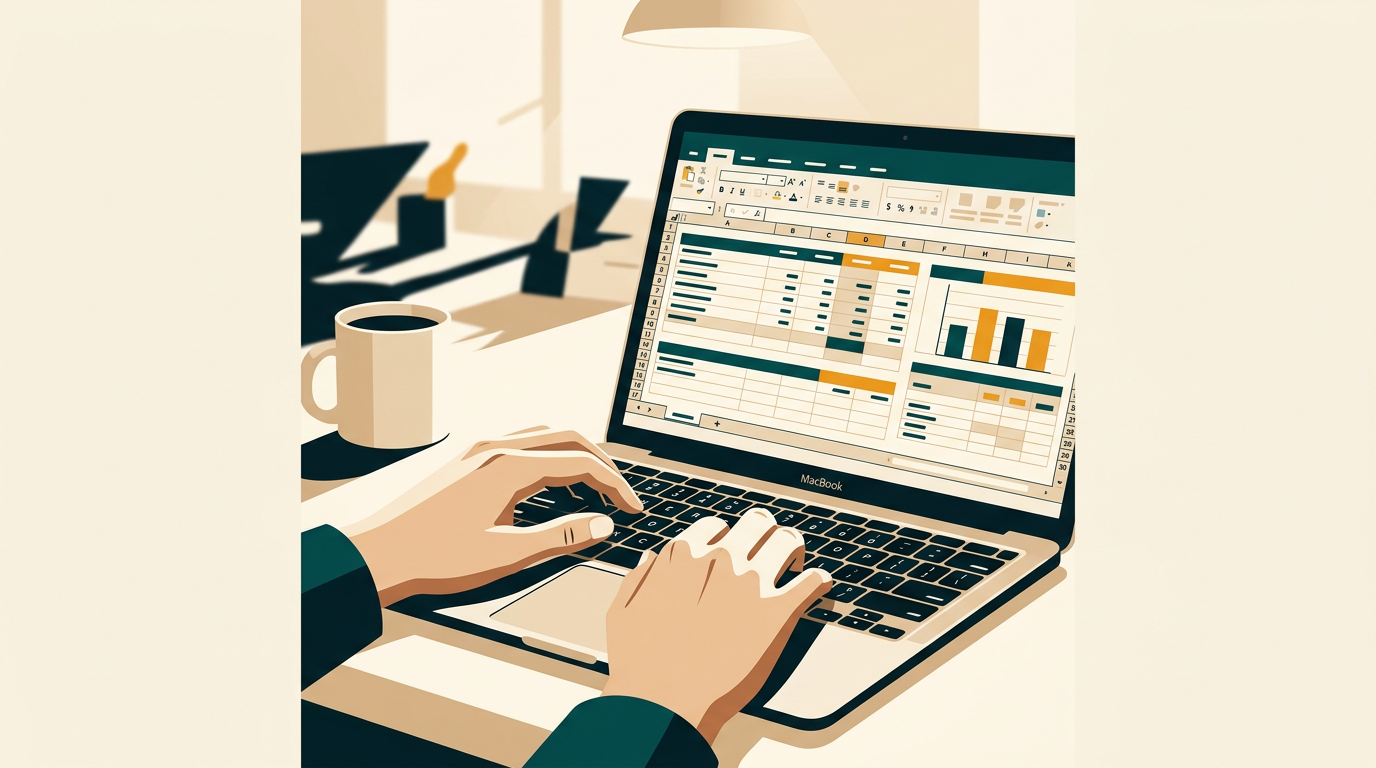a close-up of a person's hands typing on a macbook keyboard, with an excel spreadsheet visible on the screen, warm office lighting