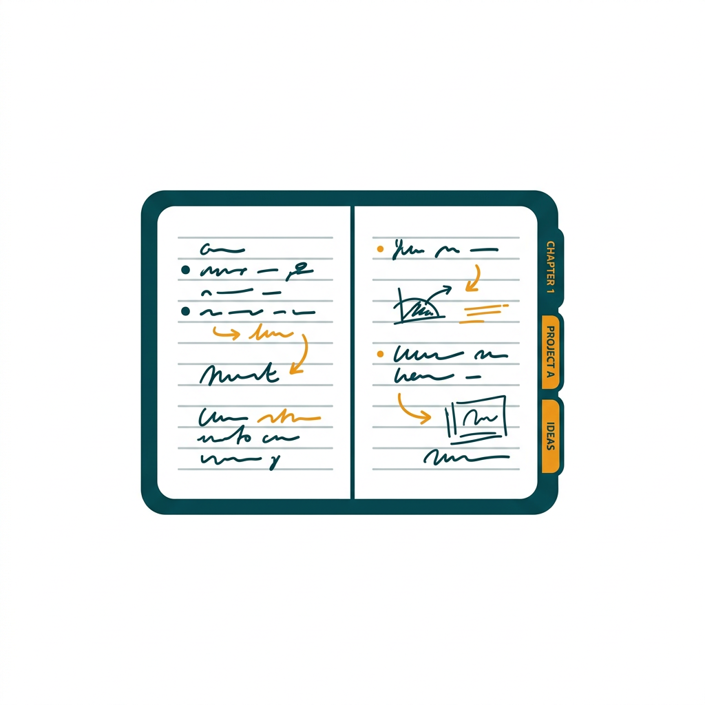 an open digital notebook with sections and handwritten notes on a lined page