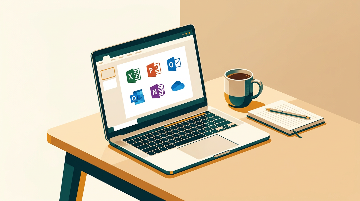 a clean and organized home office desk with a laptop displaying the Microsoft Office 2016 suite icons, a coffee cup and a notepad nearby, soft natural lighting