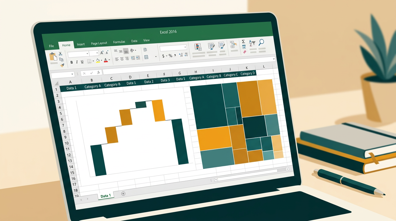 a close-up shot of a computer screen showing an Excel 2016 spreadsheet with new chart types like waterfall and treemap, with a blurred background of office supplies