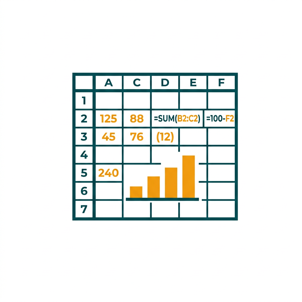 a spreadsheet grid with cells containing numbers, formulas, and a vibrant bar chart