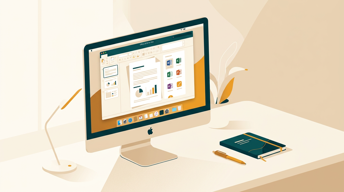 a clean, minimalist desk setup featuring an Apple iMac with the Office 2016 for Mac interface on screen, a notebook and pen nearby, soft natural light