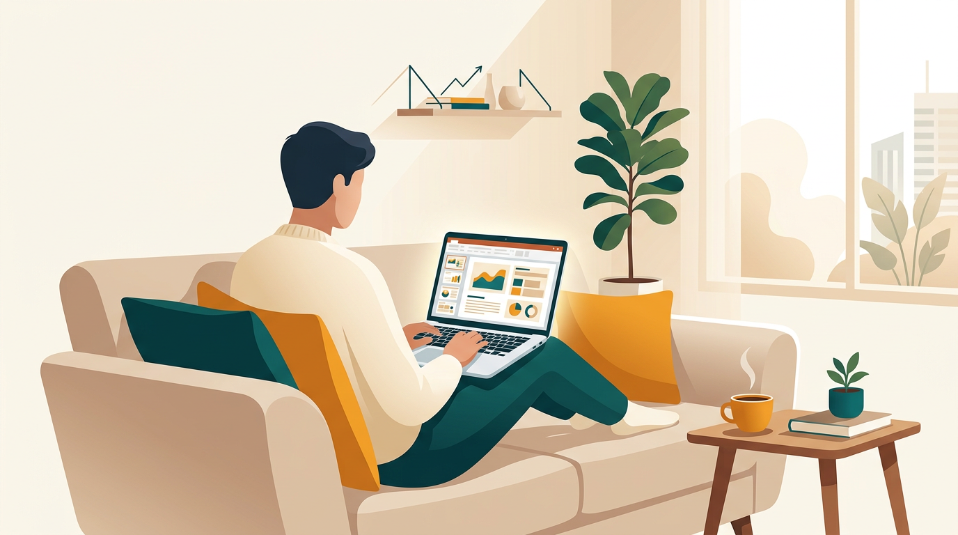 a person sitting comfortably on a sofa, using a MacBook with an open PowerPoint presentation on the screen, a cup of coffee on the side table