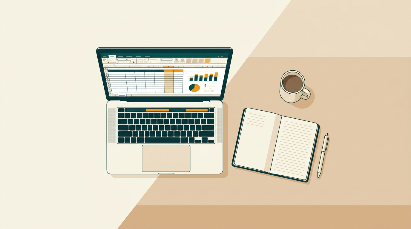 a clean, organized desk viewed from above, with a laptop displaying a spreadsheet, a notebook, a pen, and a coffee mug, on a neutral background