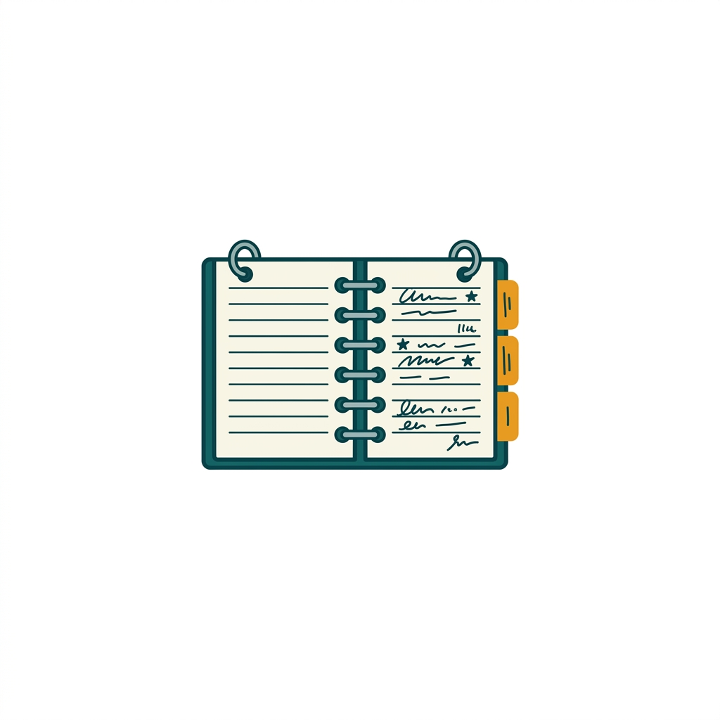 an open ring-bound notebook with handwritten notes and tabs