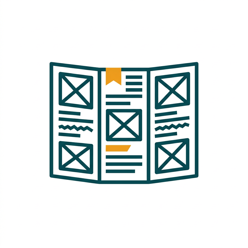 a professional brochure layout with image placeholders and text boxes